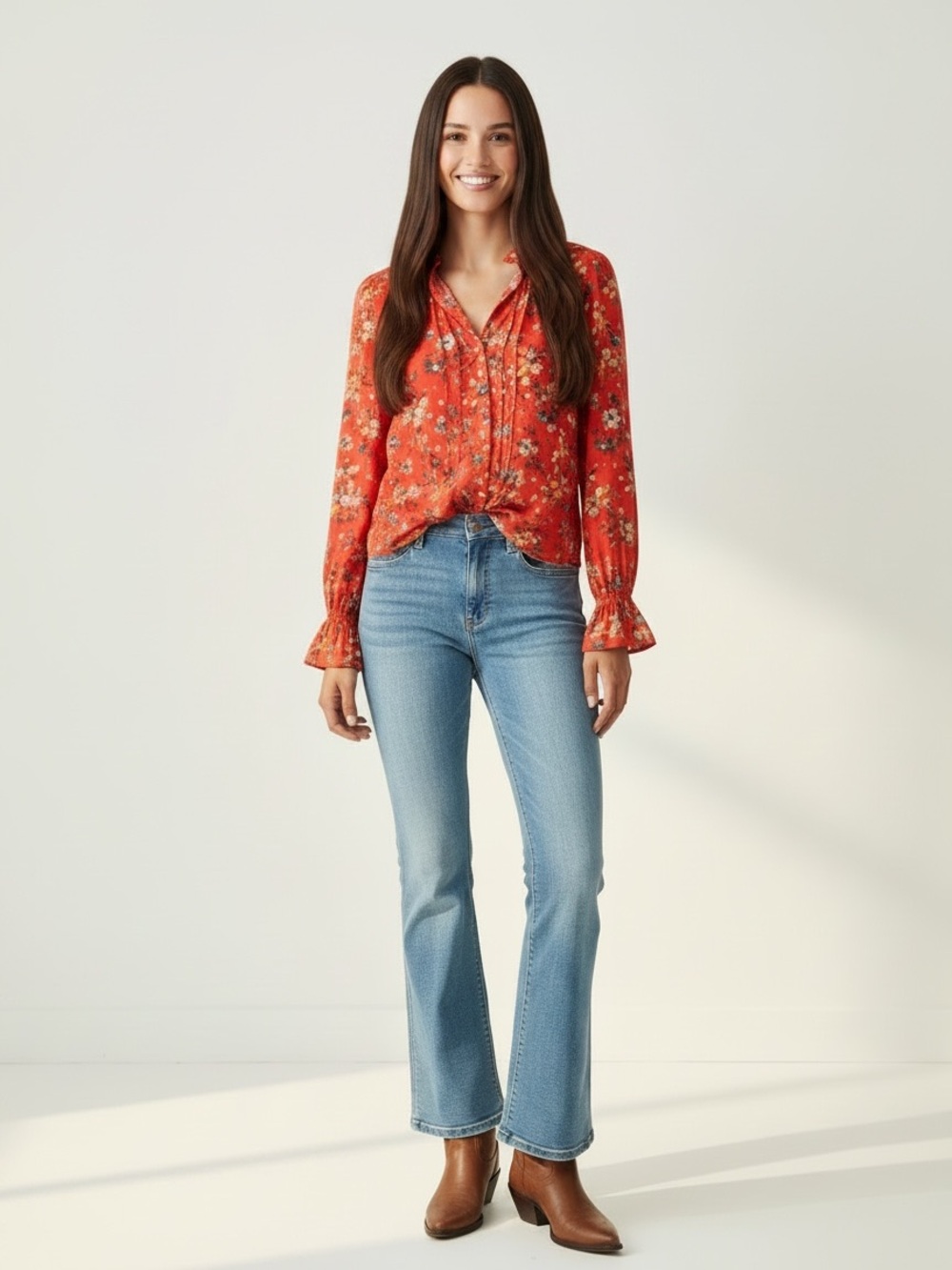 Anthropologie Red Floral Long-Sleeve Blouse